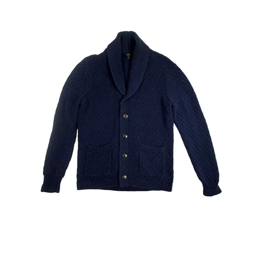 J.Crew Men’s Navy Blue Cotton Textured Knit Shawl Collar Cardigan Sweater M